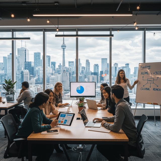 A futuristic representation of Canada's mobile app industry with developers and innovation tools.