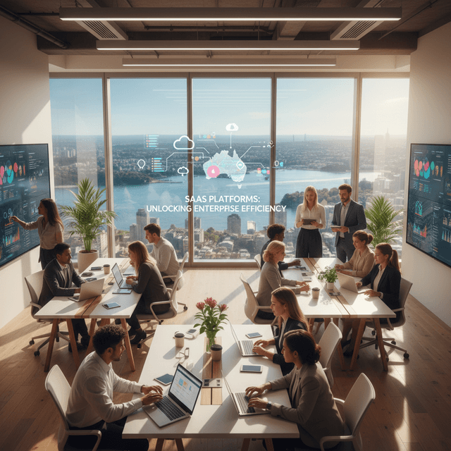 Illustration of futuristic SaaS platforms in Australia with AI and cloud solutions