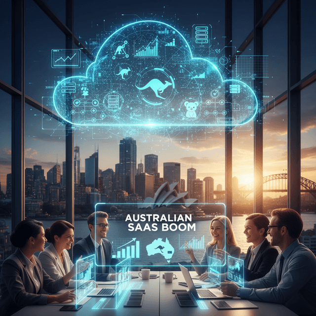 A futuristic depiction of Australia with SaaS technology integrations and digital transformations.
