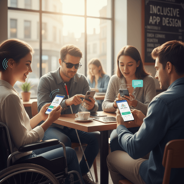 A diverse group of users engaging with accessible mobile apps in the USA, featuring inclusive design elements.