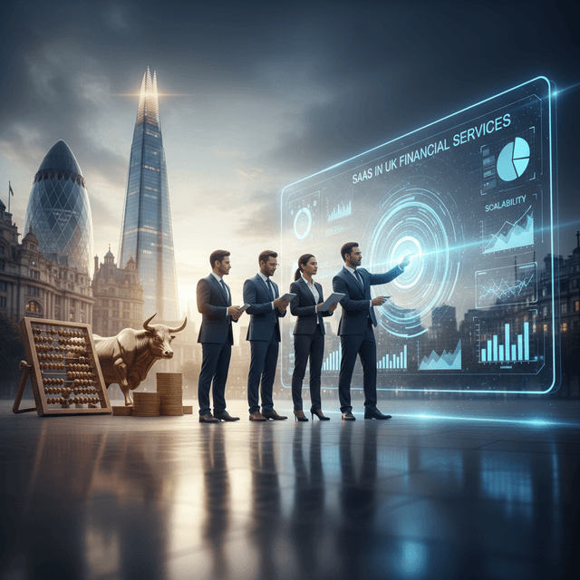 Futuristic view of SaaS technology in UK's financial services with AI integration and cybersecurity features.