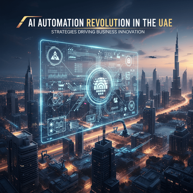 AI automation concept illustration with UAE skyline and futuristic technology icons