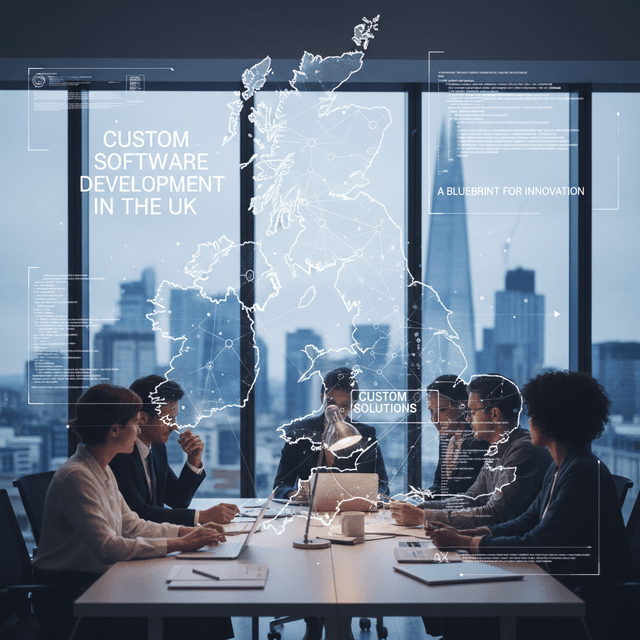 UK business professionals discussing custom software solutions