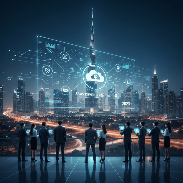 A futuristic depiction of cloud infrastructure and SaaS technologies in the UAE