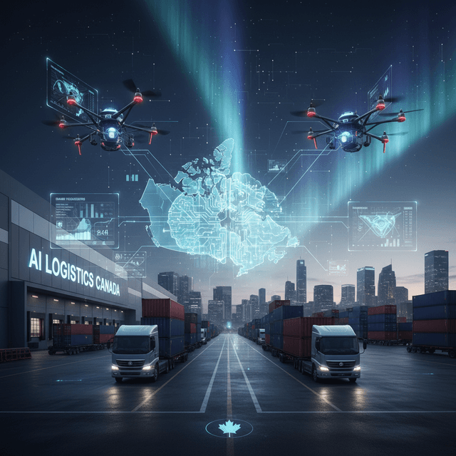 A futuristic scene of AI-powered autonomous trucks and predictive analytics in Canada's logistics landscape.