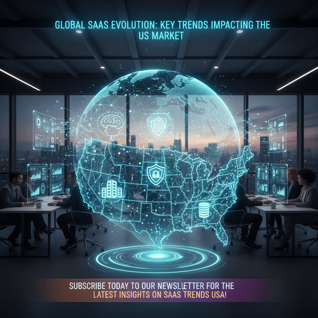 Illustration of futuristic technology and SaaS trends in the USA with AI and IoT connections