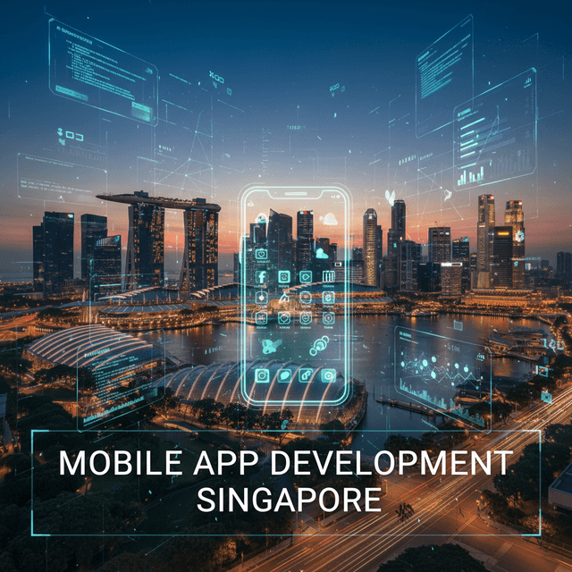 A vibrant depiction of Singapore's digital innovation hub featuring mobile app trends and technology growth.
