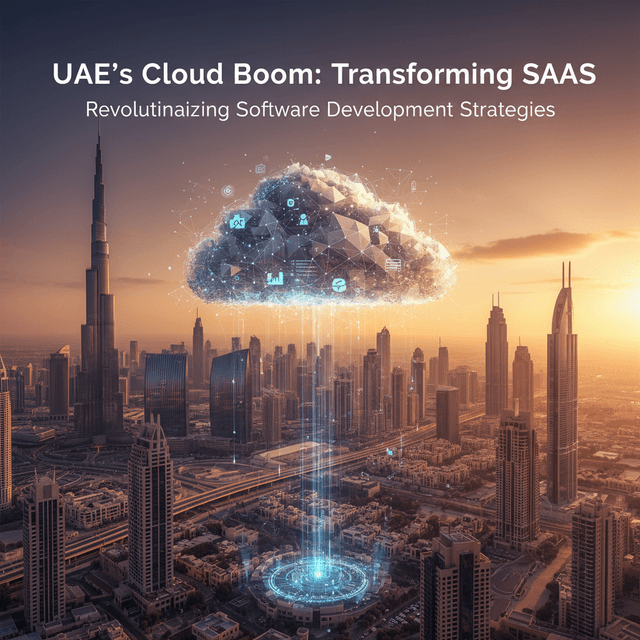 UAE cloud computing skyline with SaaS technology icons