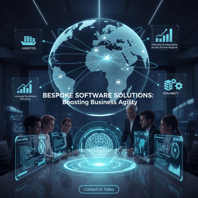 Graphic illustration of bespoke software solutions transforming business operations worldwide.