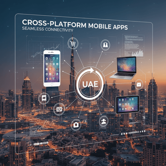 Illustration of cross-platform development in the UAE with futuristic app interfaces