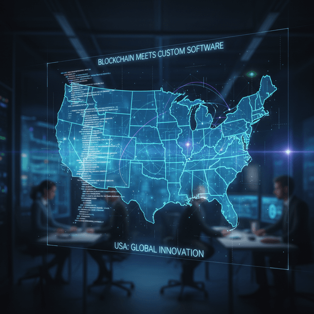 Abstract concept of blockchain technology with USA map overlay