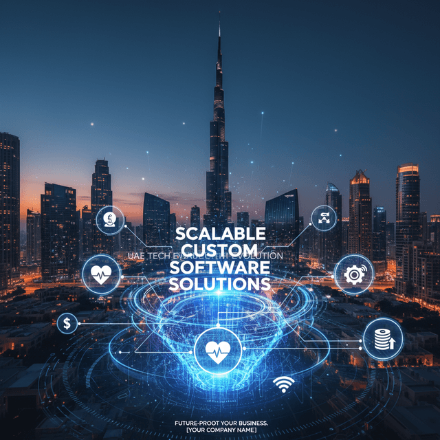 Abstract depiction of scalable software solutions in UAE with AI and blockchain symbols