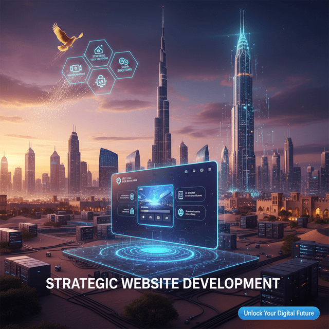 Digital landscape representing website development in UAE with futuristic technology elements