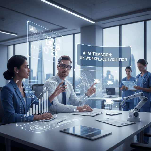 Illustration depicting AI-powered systems in a UK enterprise workplace