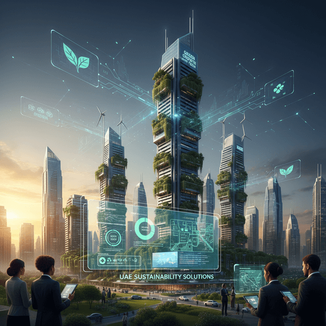 UAE skyline with eco-friendly technology concept icons superimposed