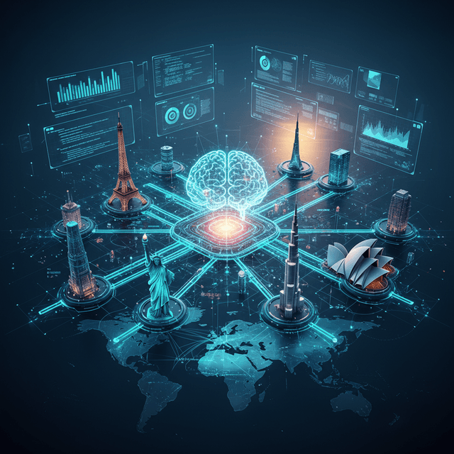 A futuristic digital interface symbolizing custom software and future business trends