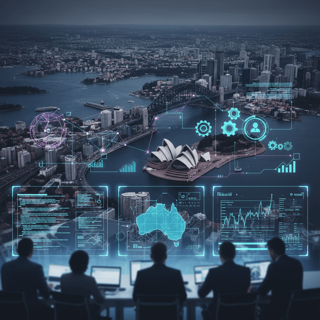 A futuristic illustration depicting Australian businesses adopting custom software solutions.