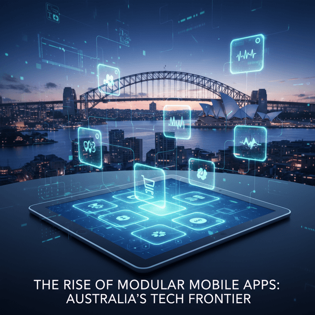 Illustration of modular mobile app development concepts in Australia with multi-functional platforms