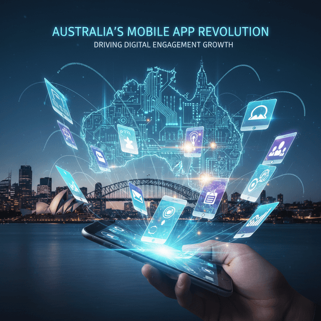 Illustration of mobile app development trends in Australia featuring AI, AR/VR, and sustainability elements.