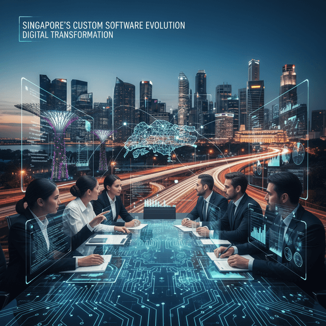 Singapore cityscape with futuristic technology overlay, symbolizing the future of custom software