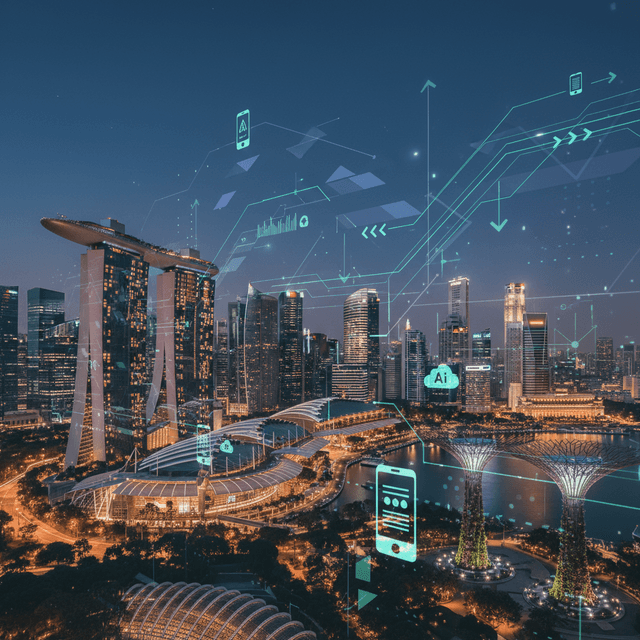 Illustration of Singapore's skyline with mobile technology icons overlaying 5G, AI, and mobile apps.