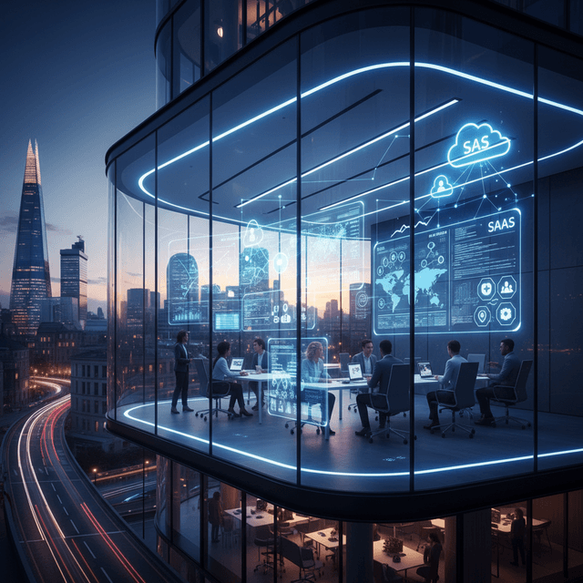 5 Predictions on SaaS Development UK Transforming Business Illustration depicting SaaS development in the UK transforming businesses