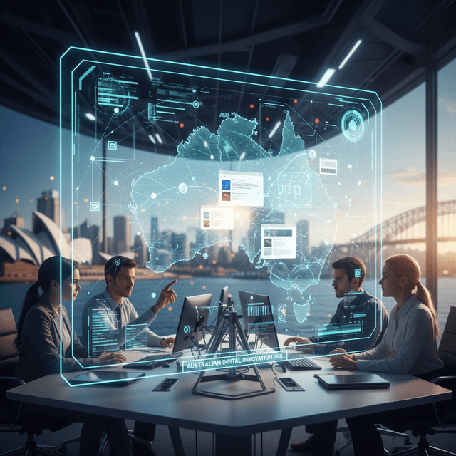 Abstract image representing the future of website development in Australia, featuring AI, green tech, and blockchain elements.