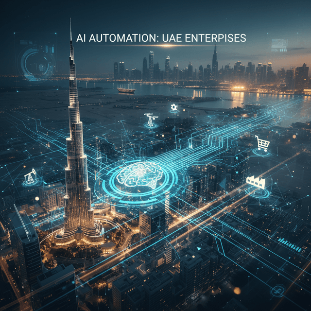 5 Predictions on AI Automation in UAE Businesses Abstract representation of AI technology driving business automation in UAE