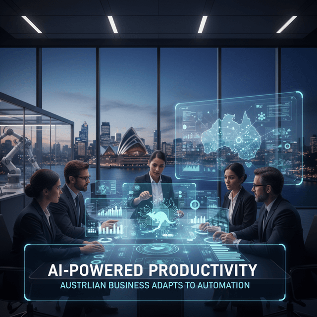 AI Trends for Business Growth in Australia Illustration depicting AI automation transforming Australian business workflows