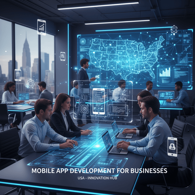 5 Future Trends in Mobile App Development USA Futuristic smartphone with AR, AI, and 5G features in the USA