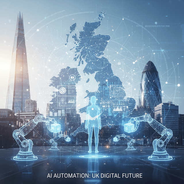 Future of AI Automation in UK Business – 5 Bold Predictions Futuristic representation of AI automation shaping UK business with data and innovation visuals.