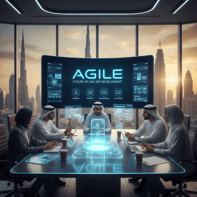 Agile Mobile App Development Trends in UAE Illustration of agile mobile app development in UAE with futuristic tech icons