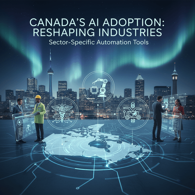 5 Predictions About Canada's AI Future Futuristic AI-powered cityscape representing Canada's AI evolution