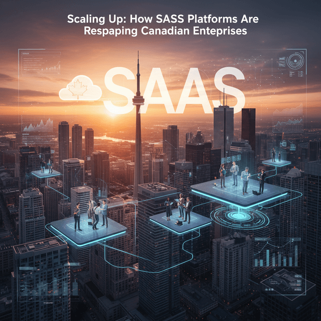 SaaS Adoption in Canada: Industry-shaking Predictions Illustration of SaaS adoption trends with Canadian map and cloud solutions imagery