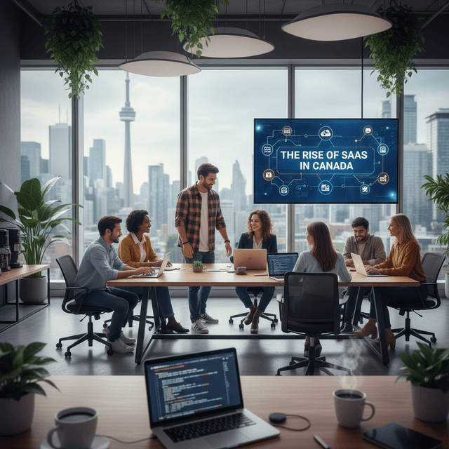 Top 5 SaaS Predictions Transforming Canada Business Illustration showing SaaS tools and Canada's tech advancements
