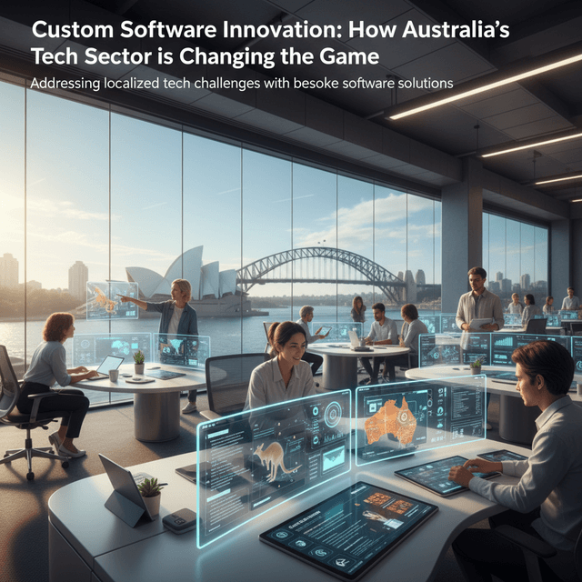 7 Bold Predictions for Custom Software in Australia Digital illustration of custom software solutions transforming businesses in Australia