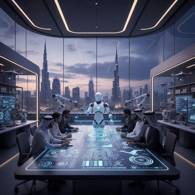 5 Predictions About AI Automation in UAE Enterprises Futuristic representation of UAE enterprises adopting AI automation technologies