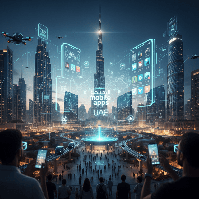 5 Predictions About Mobile Apps in UAE You Must See Illustration of UAE tech ecosystem highlighting mobile apps and AR/VR innovations.