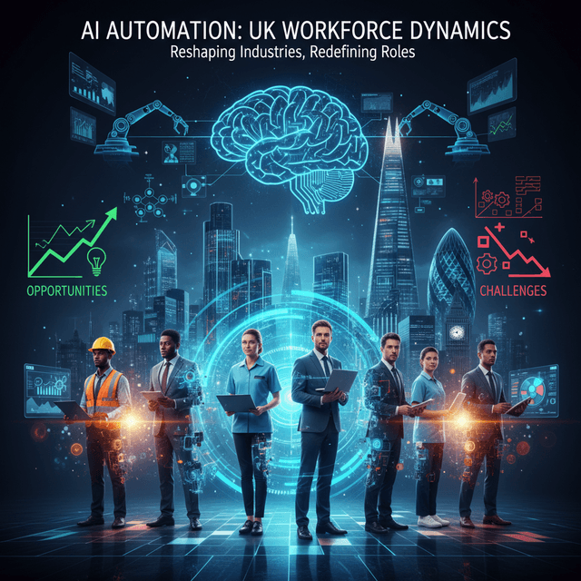 5 Predictions for AI Automation in the UK Illustration of AI automation trends transforming industries in the UK.