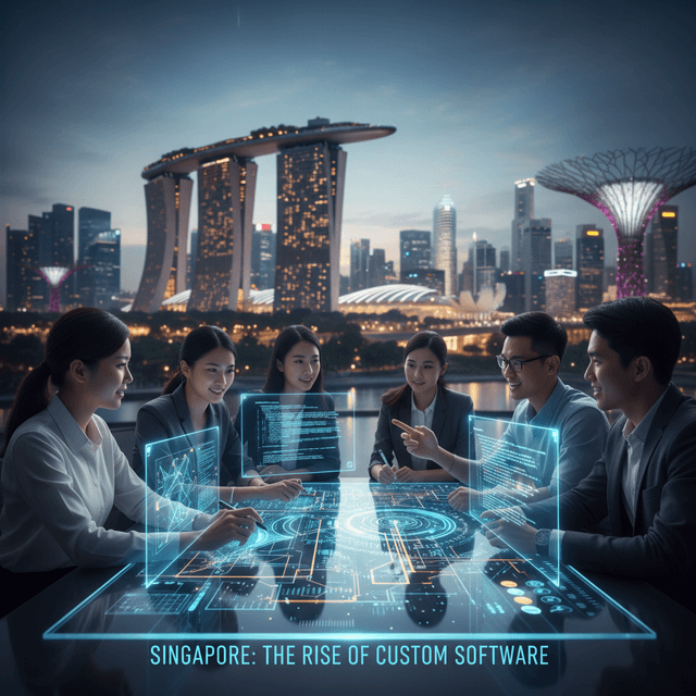 5 Bold Predictions for Custom Software in Singapore Singapore skyline with digital technology icons symbolizing custom software trends