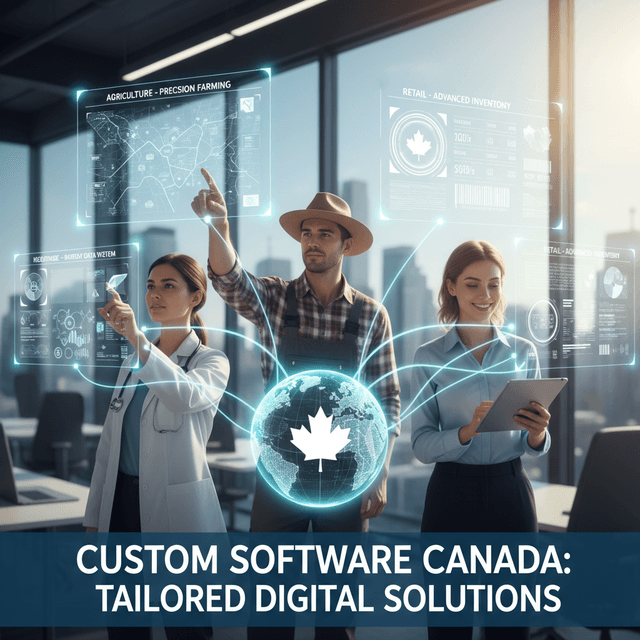 Future of Custom Software in Canada: 5 Key Predictions Illustration of Canadian map with digital software icons representing trends in custom software development.