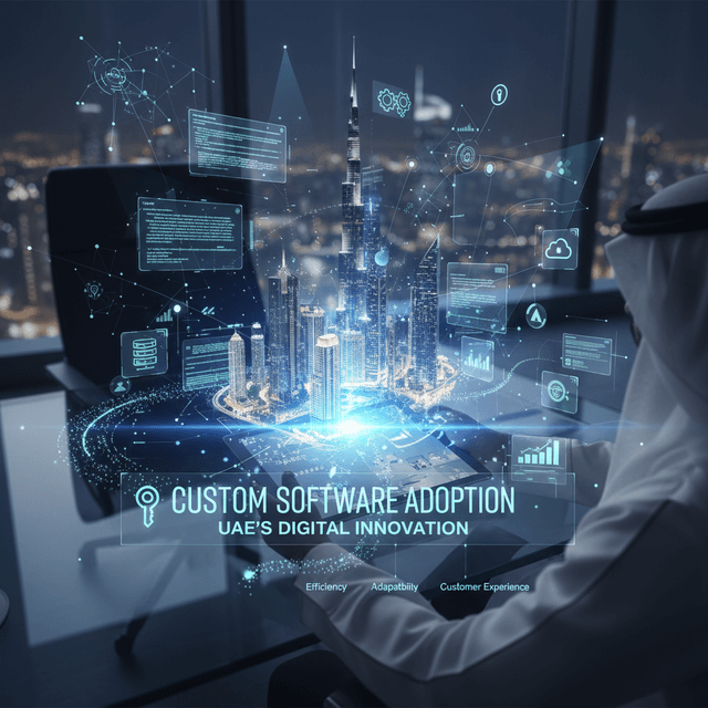 Custom Software Trends Shaping UAE's Tech Future Futuristic illustration showing custom software integration in UAE's tech landscape