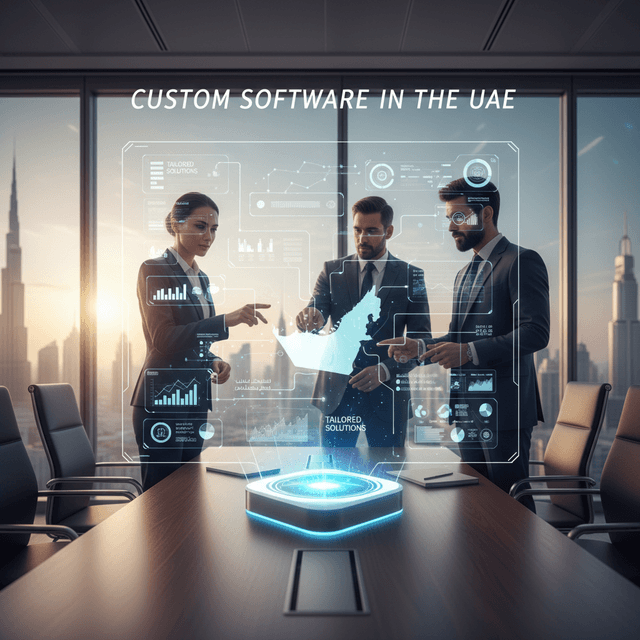 5 Predictions for Custom Software Development in UAE Modern office setup with people collaborating on custom software development in the UAE