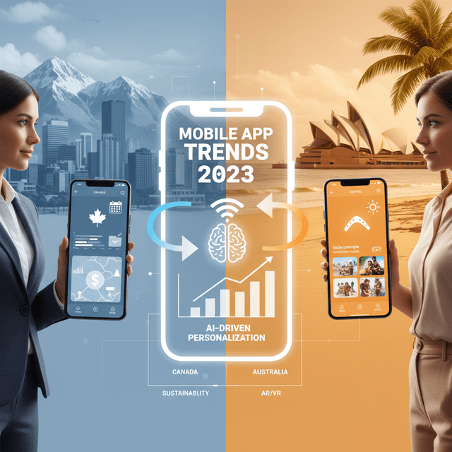 5 Mobile App Trends 2023 That'll Redefine Canada & Australia A futuristic smartphone showcasing AI-driven and 5G-powered app trends in Canada and Australia for 2023.
